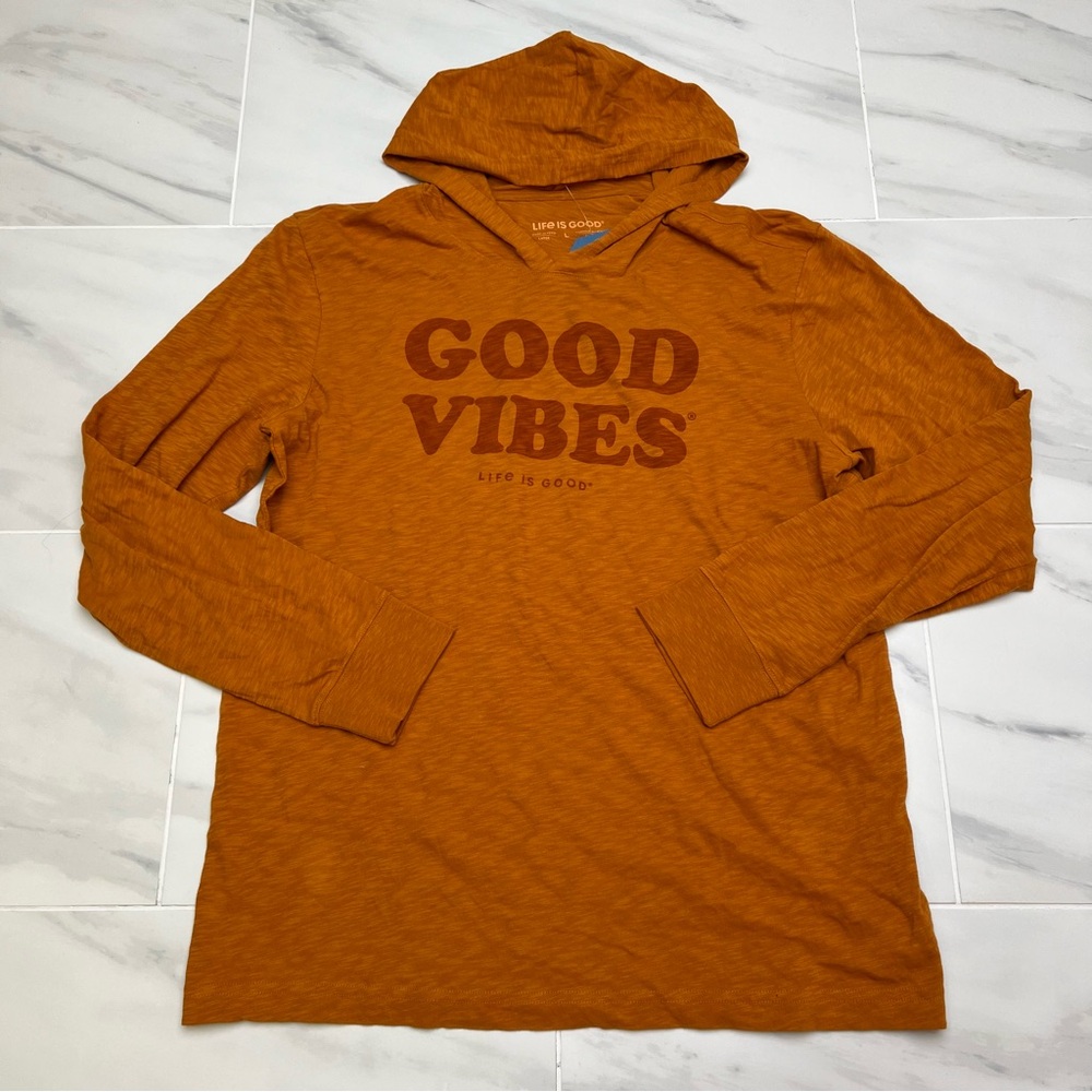 Life is Good Men’s Textured Slub Good Vibes ‘Coffee Brown’ Hoodie 71808 size L
